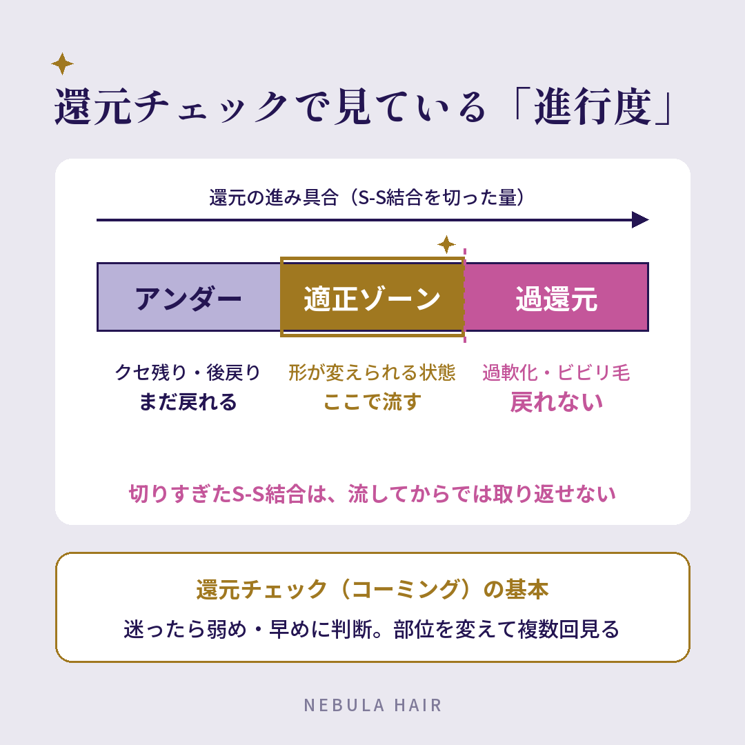 還元の進行度を示すバンド図。アンダー（クセが残る）から適正ゾーンを経て過還元（ビビリ毛の入り口）へ。過還元は流してからでは戻れない