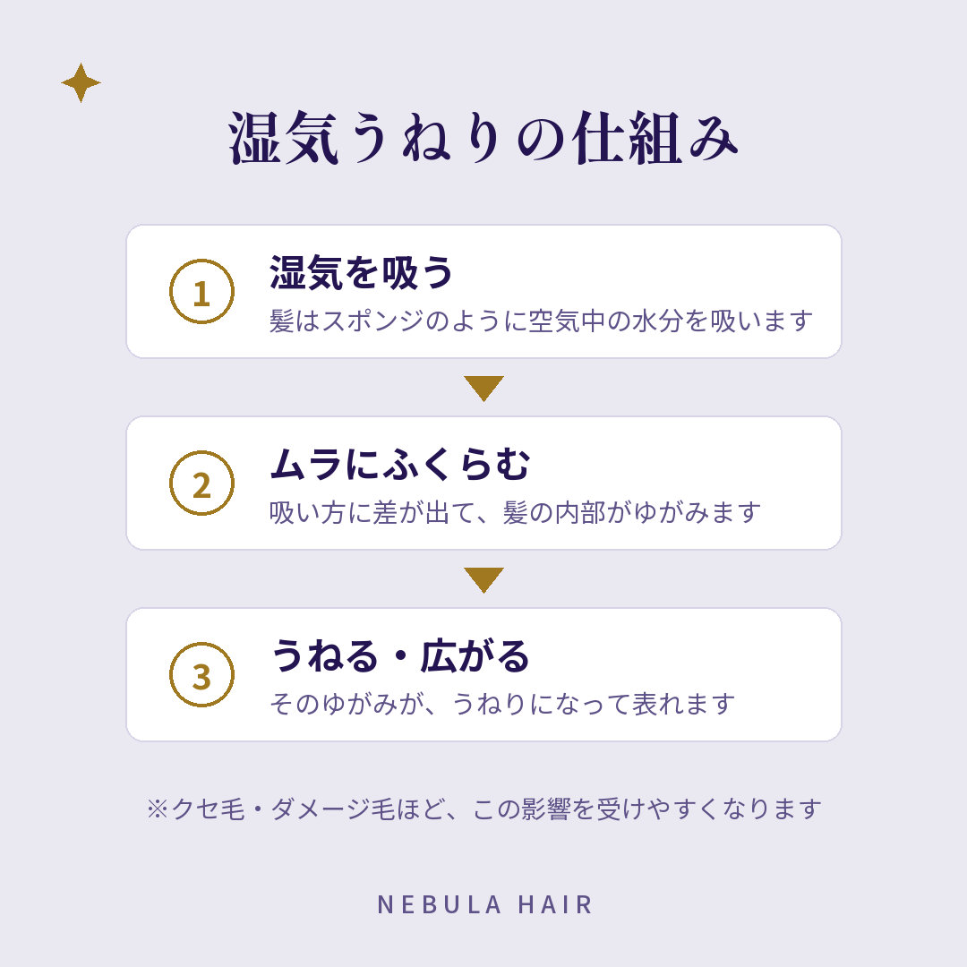 湿気で髪がうねる仕組み（湿気を吸う→ムラにふくらむ→うねる の3ステップ図解）
