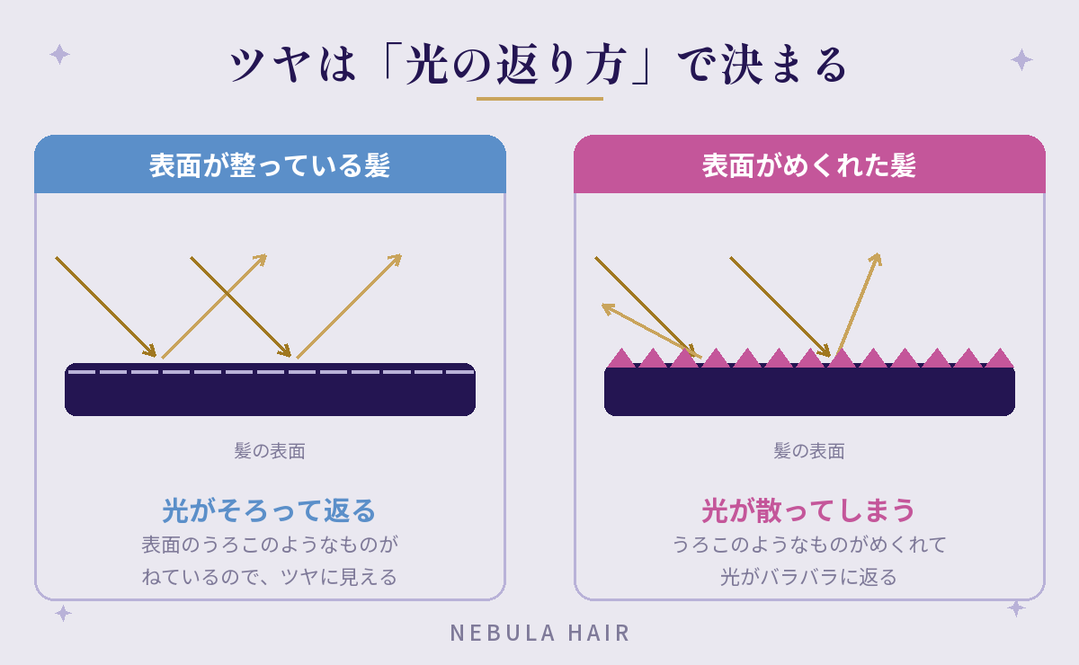 表面が整っている髪は光がそろって返りツヤに見え、表面がめくれた髪は光が散ってツヤが出ないことを比べた図